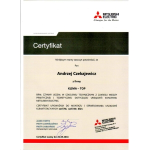 Certyfikat autoryzacji marki Mitsubishi dla KLIMA-TOP 2015